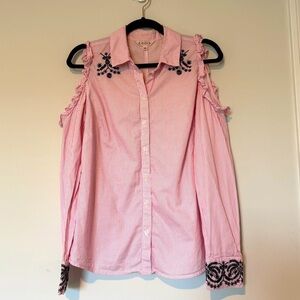 Nanette Lepore Cold Shoulder Ruffle Striped Embroidered Pink ButtonUp Shirt M